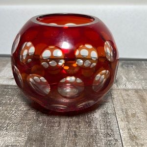 Red Art Glass Bowl or Vase with Clear Glass Indent Circles